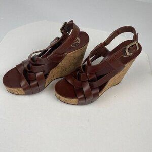 Tory Burch 7 M Ace High Wedge Platform Cork Slingback Heels Shoes Sandals Brown